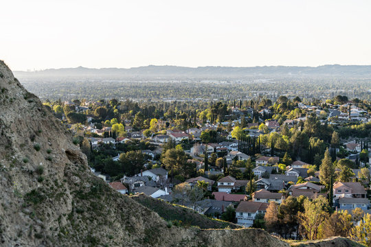 North San Fernando Valley homes in Los Angeles, California.  The Santa Monica Mountains are in the background.