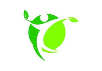 Green People with leaf logo sign symbol in a rounded shape, Vector design template