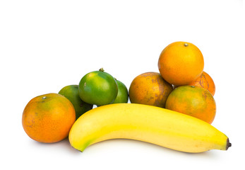Fototapeta na wymiar fruit banana , orange , lemon on white background. (clipping path)