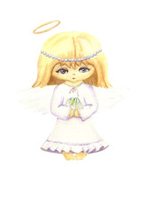 Cute little angel girl with open eyes in cartoon style. Clipart on a white isolated background. Watercolor illustration