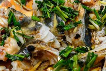 fresh steamed fish covered with herbs onions and sauce