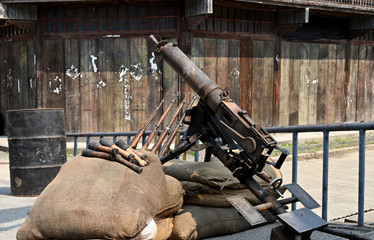 Old guns, ammunition and props at the scene of film shooting