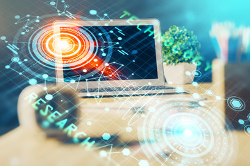 Fototapeta premium Double exposure of desktop computer and technology theme hologram. Concept of software development.