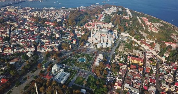 Sultan Ahmet square with drone, aerial video from istanbul, sunny day at beatuiful sultan ahmet square 4k video with drone, blue mosque, hagia sophia, topkapi palace, bosporus