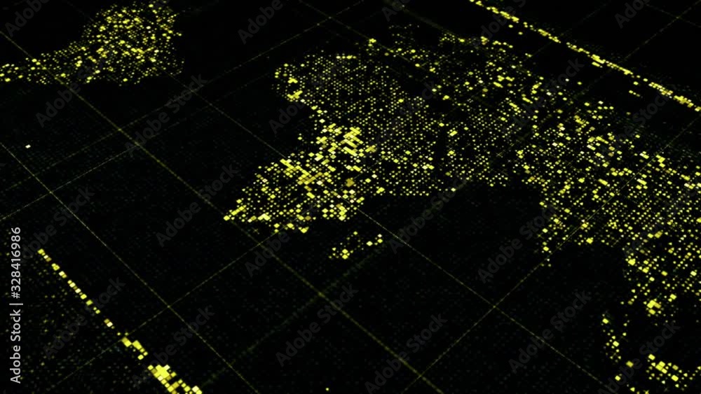 Poster abstract colorful particles create world map that flowing on black background, seamless loop. animat