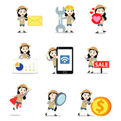 Set character of woman in paleontologist profession exploring animal fossil.