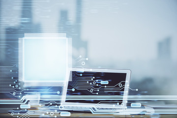 Technology theme drawing and work space with computer. Double exposure. Concept of innovation.