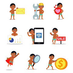 Set character of man in athletic body wearing underwear.