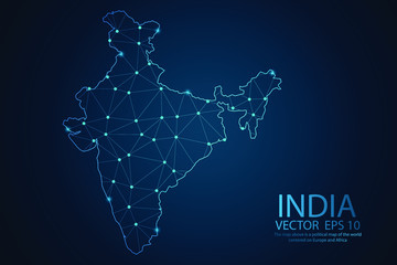 Abstract mash line and point scales on dark background with map of India. Wire frame 3D mesh polygonal network line, design sphere, dot and structure. Vector illustration eps 10.