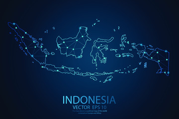 Abstract mash line and point scales on dark background with map of Indonesia. Wire frame 3D mesh polygonal network line, design sphere, map dot and structure. Vector illustration eps 10.