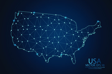 Abstract mash line and point scales on dark background with map of United States of America. Wire frame 3D mesh Usa polygonal network line, design sphere,dot and structure. Vector illustration eps 10.