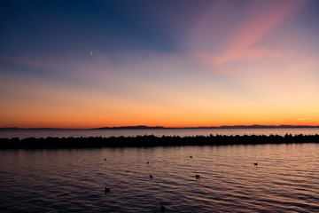 Magnificent sunset with silhouetted birds and breakwater, White Rock, BC