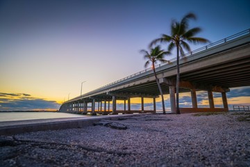 beach sunrise sunset sky bridge palms tree water ocean tropical sand island florida miami nature...