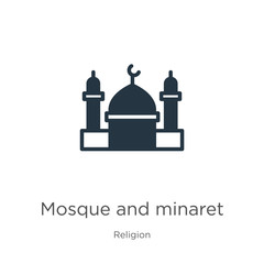 Mosque and minaret icon vector. Trendy flat mosque and minaret icon from religion collection isolated on white background. Vector illustration can be used for web and mobile graphic design, logo,