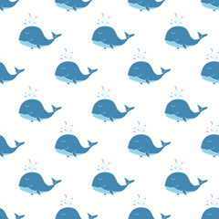 Naklejka premium Cute Whale Seamless Pattern Cartoon Hand Drawn Animal Doodles Vector Illustration Background