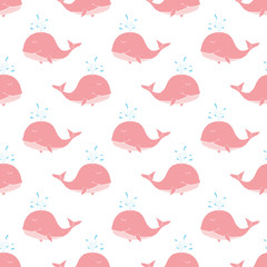 Cute Whale Seamless Pattern Cartoon Hand Drawn Animal Doodles Vector Illustration Background