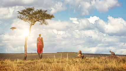 Maasai Tribe Man and Wildlife in Kenya