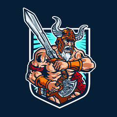 Brutal Barbarian Warrior Charging with Sword and Ax Mascot Logo