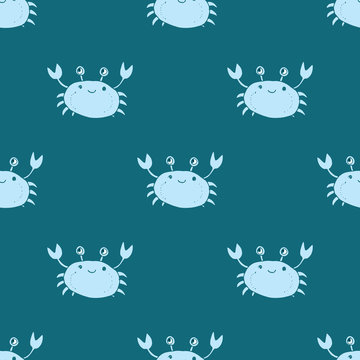 Cute Crab Seamless Pattern, Cartoon Hand Drawn Animal Doodles Vector Illustration Background