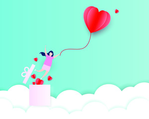 Love red heart balloon paper cut with gift box on blue background for Invitation card, Valentine. Heart paper flying, clouds, girl, surprise present in blue sky feel happy and joyful. Paper art design