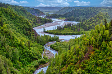 Obraz na płótnie Canvas River Flowing Through a Valley in Boreal Forest, Alaska, USA