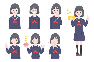 女子学生の表情とポーズのセット