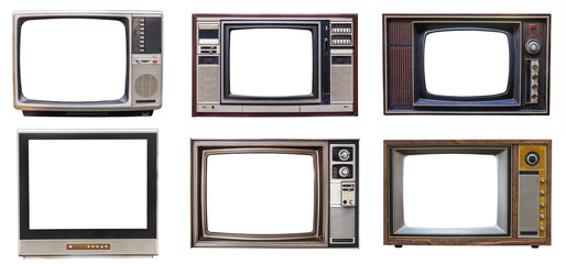 set of classic vintage retro style old television with cut screen, old tv isolated on white background