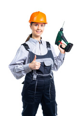 Builder engineer girl with a screwdriver in hand shows a gesture like hand. Isolated
