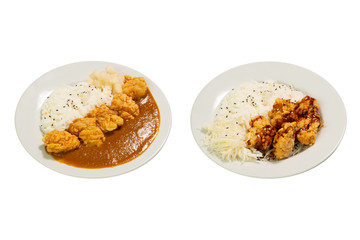 Japanese Rice curry with Fried Karaage Chicken and Karaage Topping On Rice Isolated on white background Clipping Path in side
