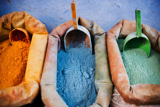 Colored pigments at a market in Chefchaouen, Atlas mountains, Morocco