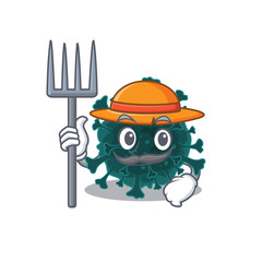 Coronavirus COVID 19 in Farmer cartoon character with hat and pitchfork