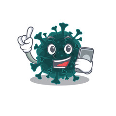 Mascot design of coronavirus COVID 19 speaking on phone