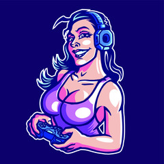 Sexy Female Gamer Character Holding Joystick Mascot Logo