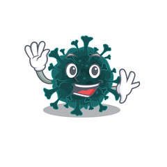 Smiley coronavirus COVID 19 cartoon mascot design with waving hand