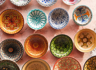 ceramic plates for sale at a market in Marrakesh, Morocco