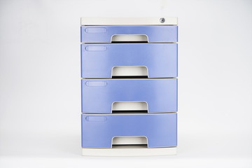 The blue and white office cabinets are on the white background