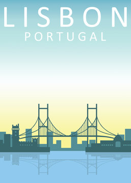 Awesome city view in sunny day in twenty fifth April Bridge, Lisbon. Enjoy the travel. Around the world. Quality vector poster. Portugal.