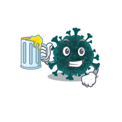 Cheerful coronavirus COVID 19 mascot design with a glass of beer