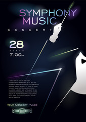 Symphony music concert, online concert poster/banner design concept. Silhouette Image of conductor on a dark background. Editable EPS vector	