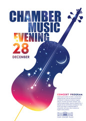 Chamber music concert, online concert, evening, competition poster/banner design concept. Cello contour, evening sky and stars 