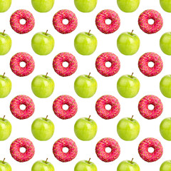 Seamless pattern pink donuts and green apples isolated, white background, healthy food vs junk food concept, cakes or fruits diet design, fresh fruit dieting or sweet dessert choice, sugar vs vitamins