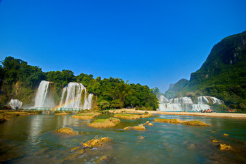 PHONG NAM, CAOBANG, VIETNAM - SEPTEMBER 27, 2019: Beauty of Ban Gioc Waterfall in Cao Bang, Vietnam in harvest time.