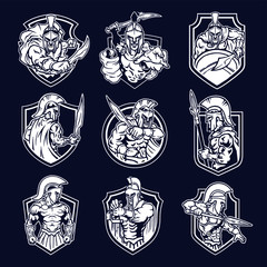 Vector Illustration of monochrome Sparta Warrior Mascot Logo Emblem Character for Business Branding