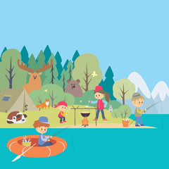 Camping life background. Woodland landscape. Colorful vector illustration.