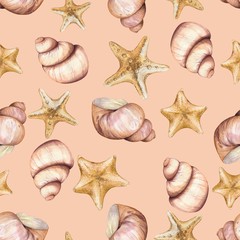 Marine pattern with shells 3. Seamless pattern. Watercolor illustration. Handmade drawing.