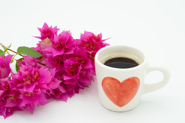 Cup coffee, pink Bougainvillea isolated on white background.