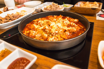 Gopchang bokkeum is korea traditional tripe stir fry with cheese.