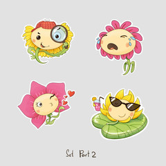 Set of stickers with cute flowers, colorful flat illustrations, stickers for scrapbooking and card design. sunflower, archidea, lily