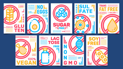 Unhealthy Ingredients Free Posters Set Vector. Non-gluten And Non-eggs, Non-sugar And Non-sulfate, Non-soy And Non-gmo Ingredients Crossed Out Mark. Color Illustrations
