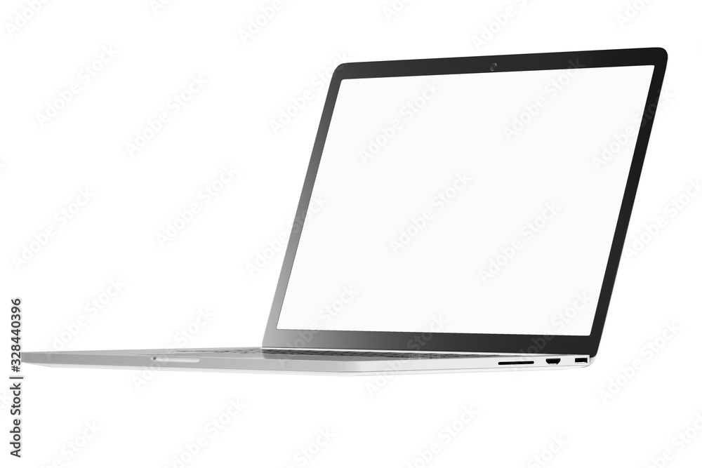 Poster Modern computer laptop Open white screen isolated with clipping mask on white background for present advertising product or Webpage design mockup,3D render illustration